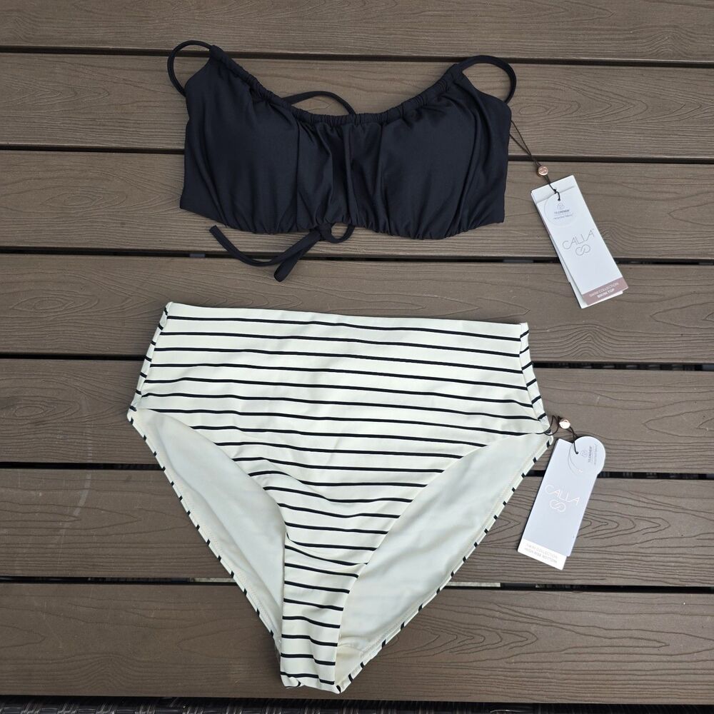 CALIA Women Solid Black Scrunched Tie Top & Striped High Rise Cheeky Bikini New